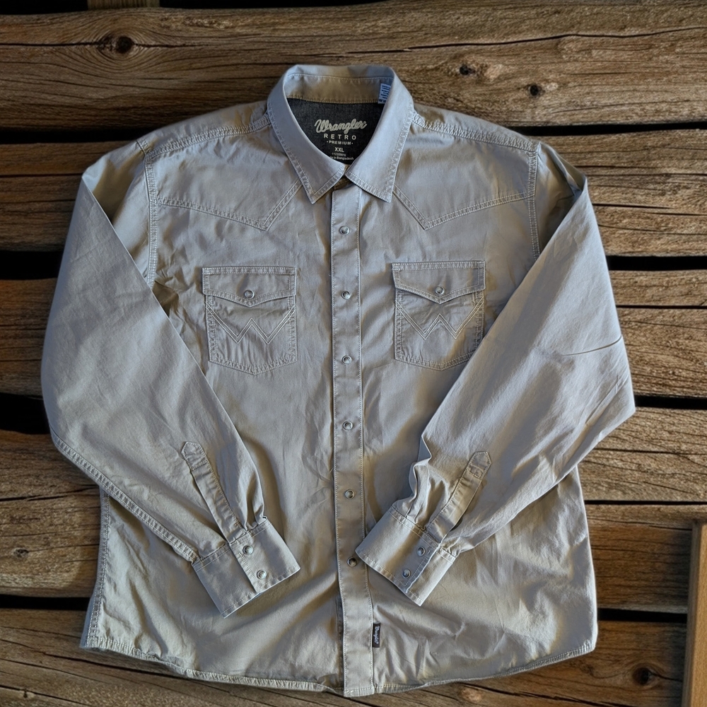 Wrangler Retro Premium Beige Snap Button-Up‎ Men's Long Sleeve Shirt Size XXL